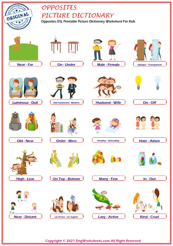 Opposites ESL Printable Picture Dictionary Worksheet For Kids Worksheet Preview
