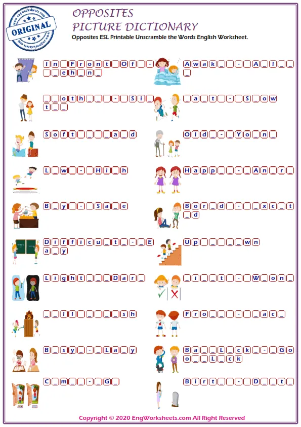 Opposites ESL Printable Unscramble the Words English Worksheet. Worksheet Preview