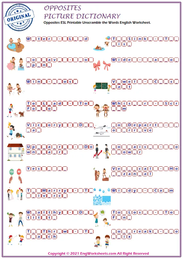 Opposites ESL Printable Unscramble the Words English Worksheet. Worksheet Preview