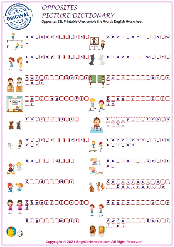 Opposites ESL Printable Unscramble the Words English Worksheet.