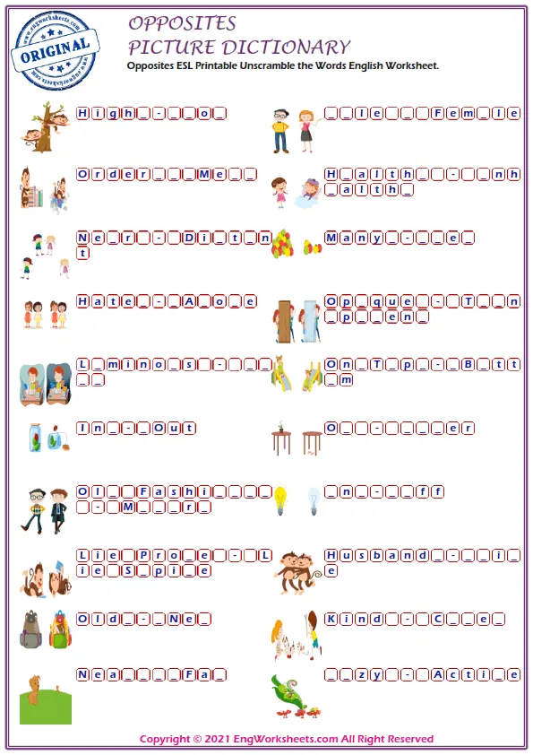 Opposites ESL Printable Unscramble the Words English Worksheet. Worksheet Preview