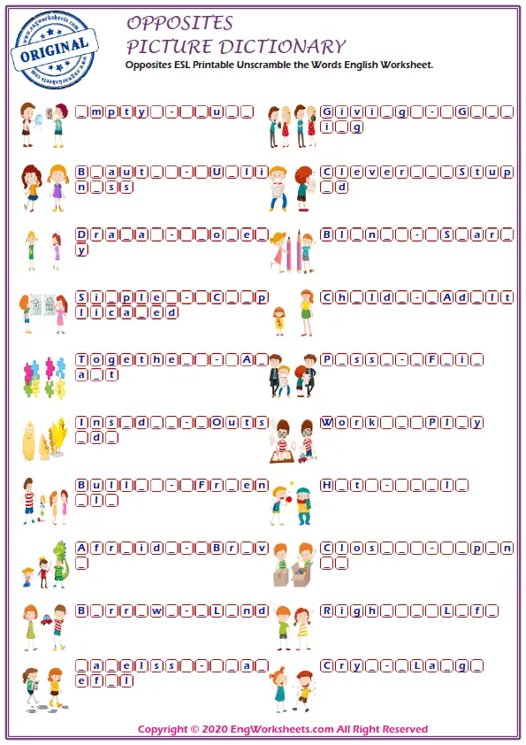 Opposites ESL Printable Unscramble the Words English Worksheet. Worksheet Preview