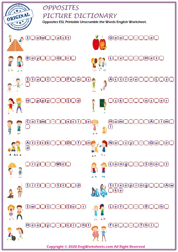 Opposites ESL Printable Unscramble the Words English Worksheet.