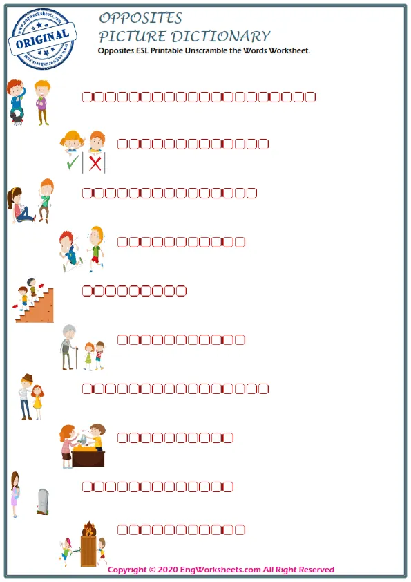 Opposites ESL Printable Unscramble the Words Worksheet. Worksheet Preview
