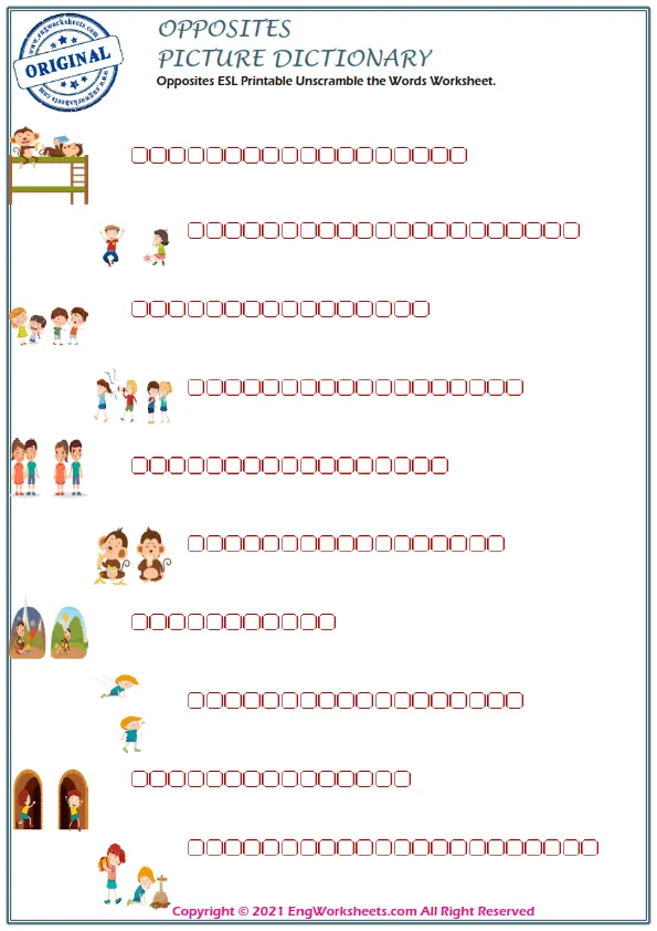 Opposites ESL Printable Unscramble the Words Worksheet. Worksheet Preview