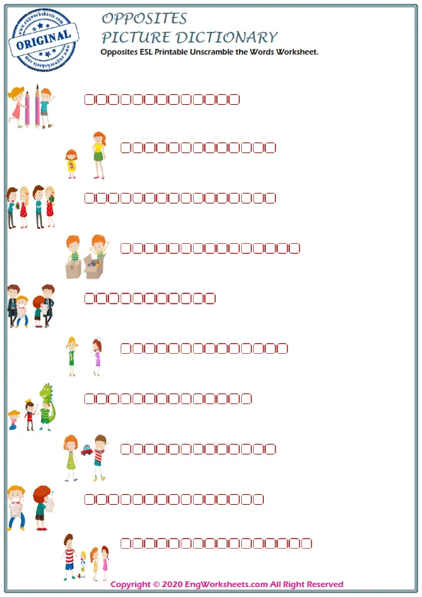 Opposites ESL Printable Unscramble the Words Worksheet. Worksheet Preview