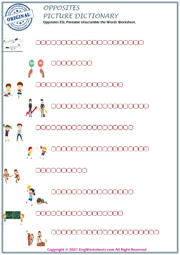 Opposites ESL Printable Unscramble the Words Worksheet. Worksheet Preview