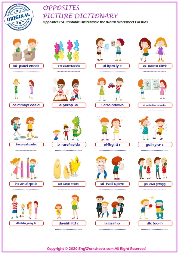Opposites ESL Printable Unscramble the Words Worksheet For Kids Worksheet Preview