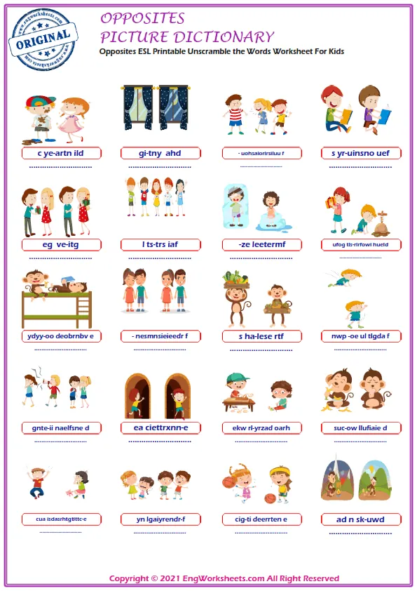 Opposites ESL Printable Unscramble the Words Worksheet For Kids Worksheet Preview
