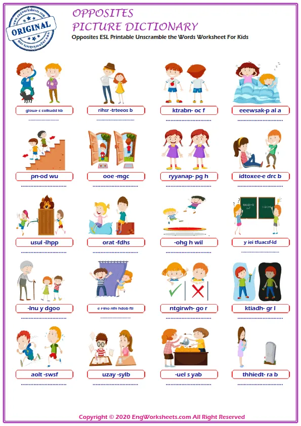 Opposites ESL Printable Unscramble the Words Worksheet For Kids Worksheet Preview