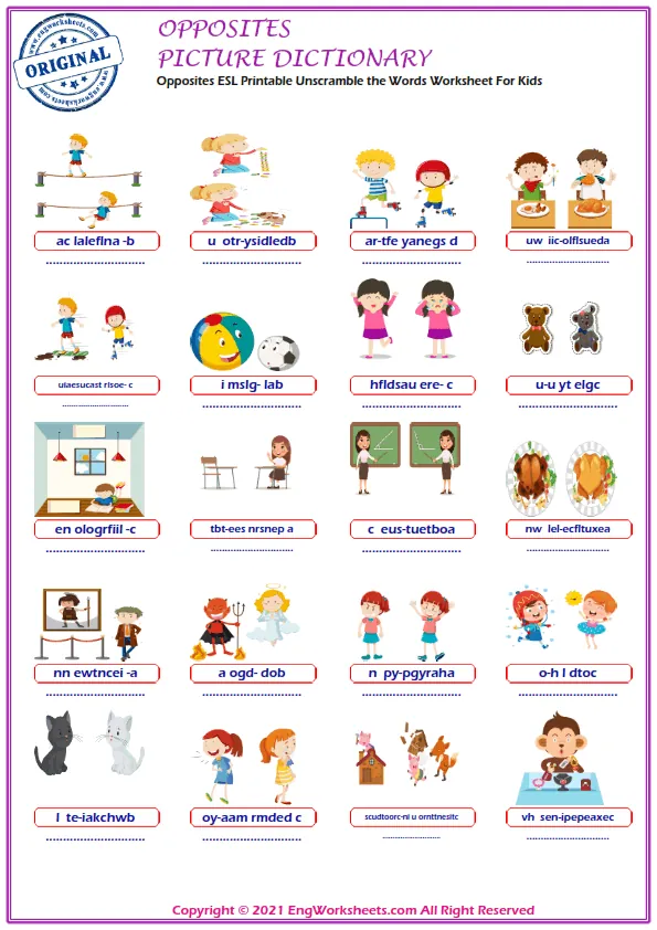 Opposites ESL Printable Unscramble the Words Worksheet For Kids Worksheet Preview