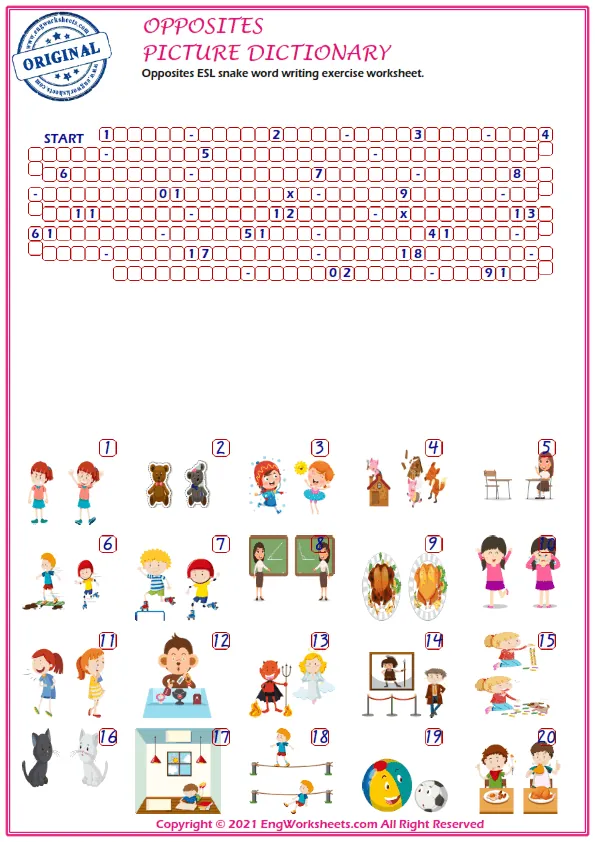 Opposites ESL snake word writing exercise worksheet. Worksheet Preview