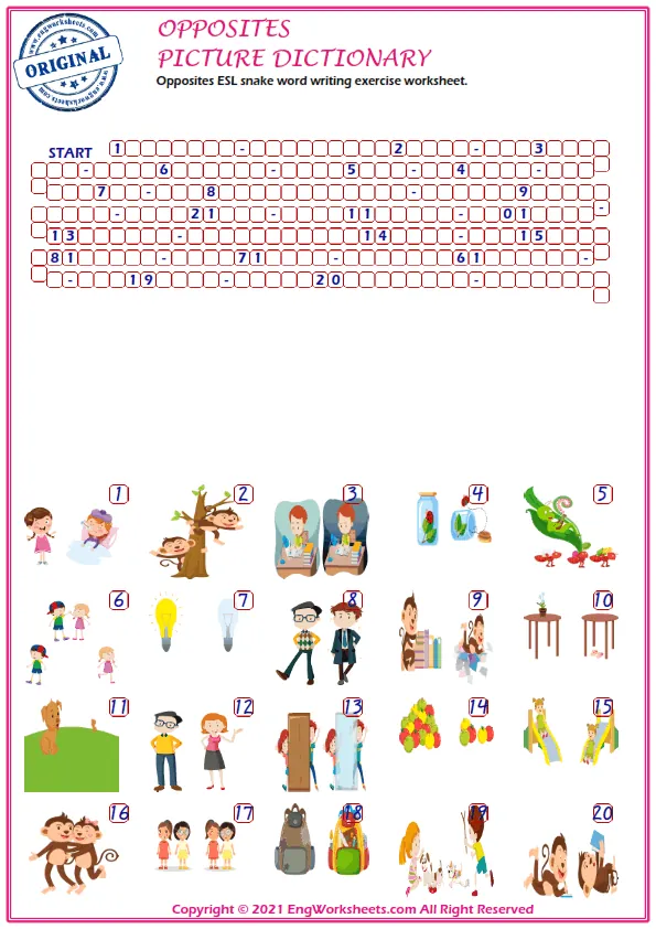 Opposites ESL snake word writing exercise worksheet. Worksheet Preview