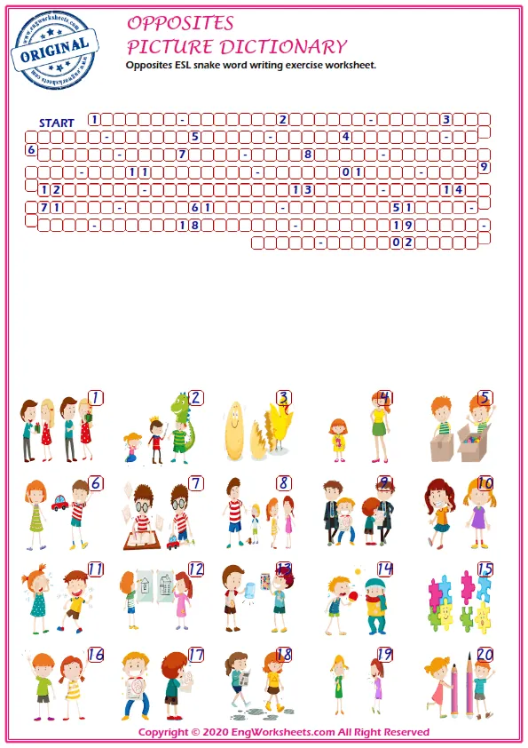 Opposites ESL snake word writing exercise worksheet. Worksheet Preview
