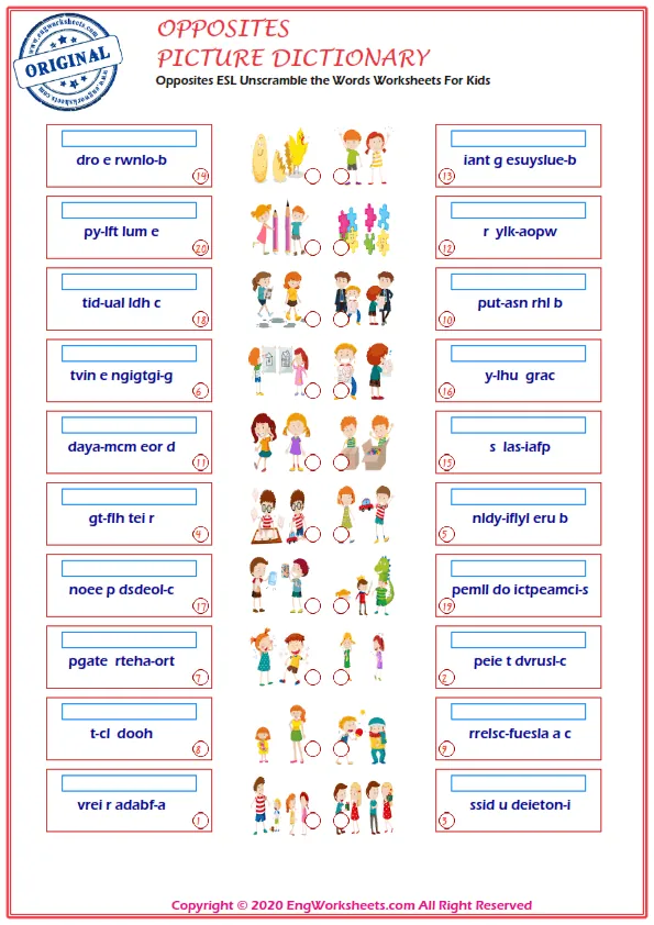 Opposites ESL Unscramble the Words Worksheets For Kids Worksheet Preview