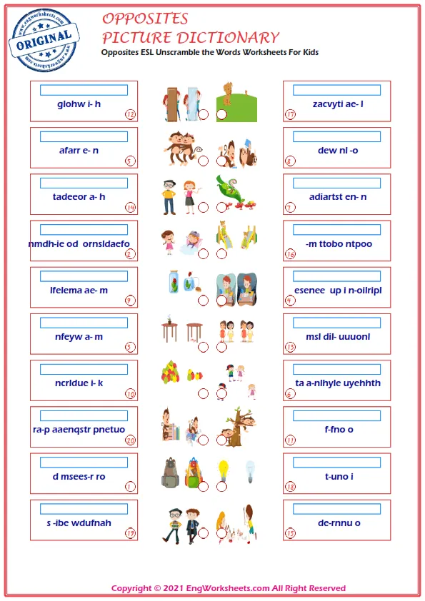 Opposites ESL Unscramble the Words Worksheets For Kids Worksheet Preview