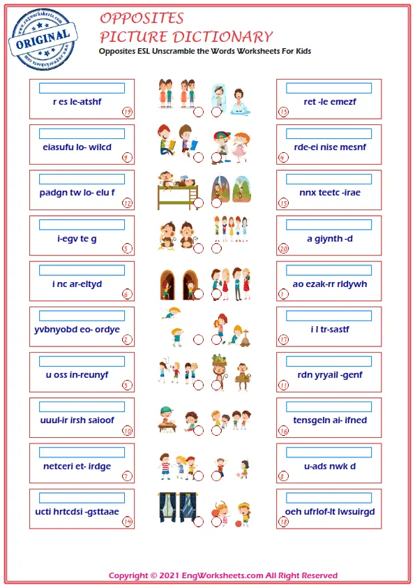 Opposites ESL Unscramble the Words Worksheets For Kids Worksheet Preview