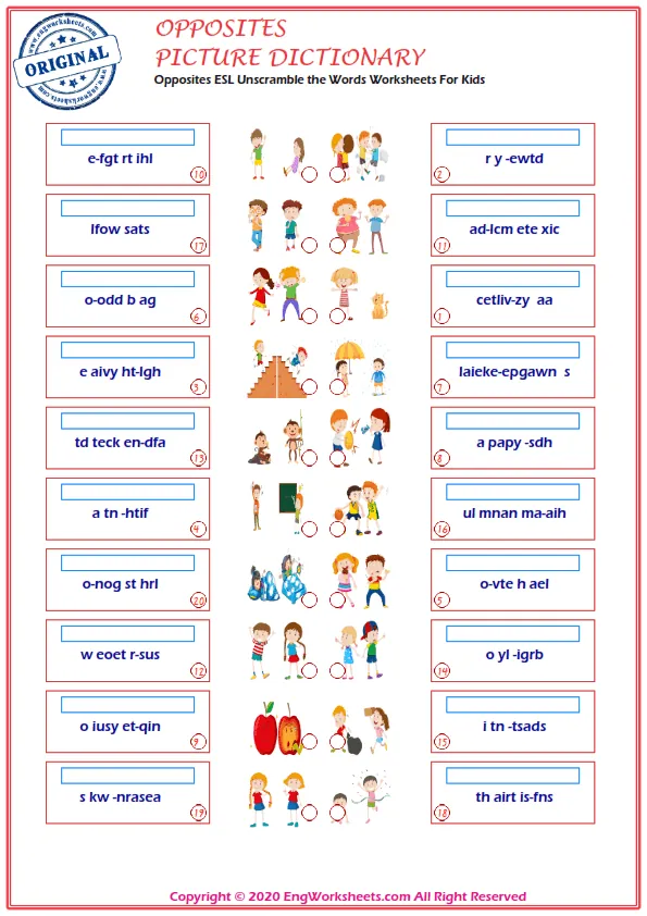 Opposites ESL Unscramble the Words Worksheets For Kids