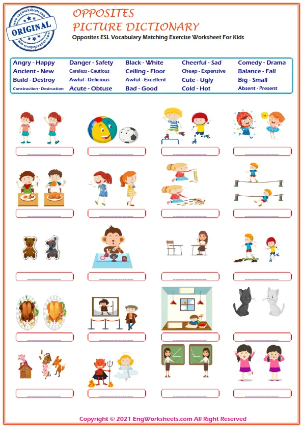 Opposites ESL Vocabulary Matching Exercise Worksheet For Kids