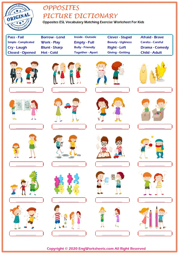 Opposites ESL Vocabulary Matching Exercise Worksheet For Kids Worksheet Preview