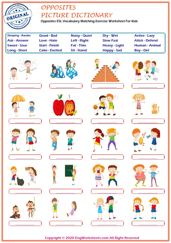 Opposites ESL Vocabulary Matching Exercise Worksheet For Kids