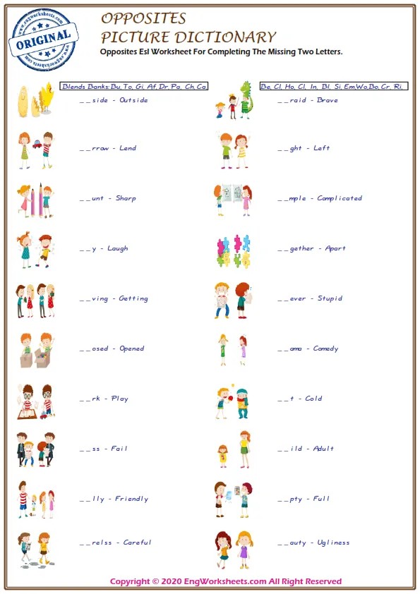 Opposites Esl Worksheet For Completing The Missing Two Letters. Worksheet Preview