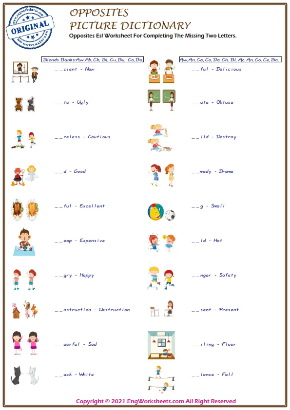Opposites Esl Worksheet For Completing The Missing Two Letters.