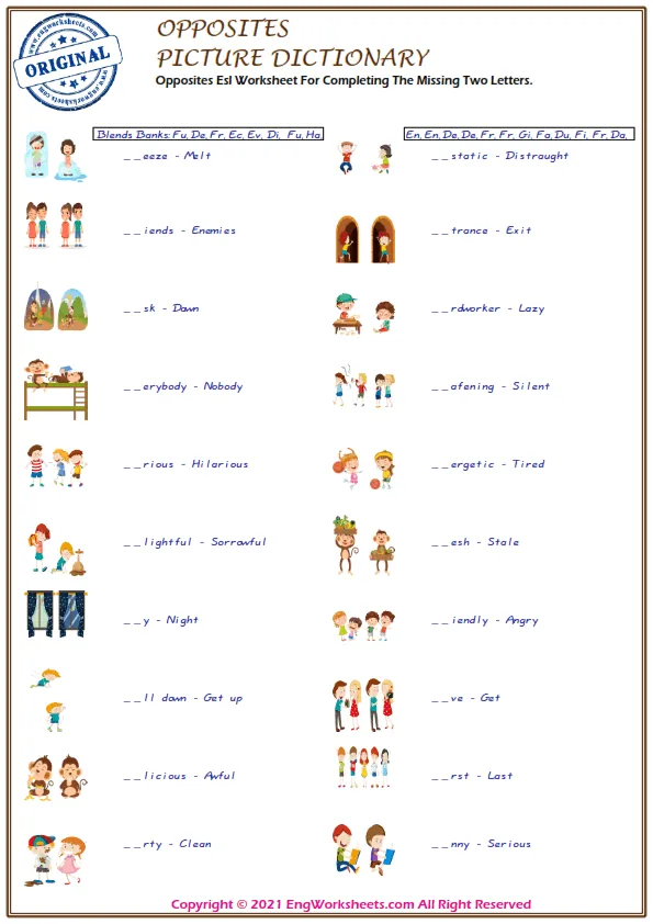 Opposites Esl Worksheet For Completing The Missing Two Letters. Worksheet Preview