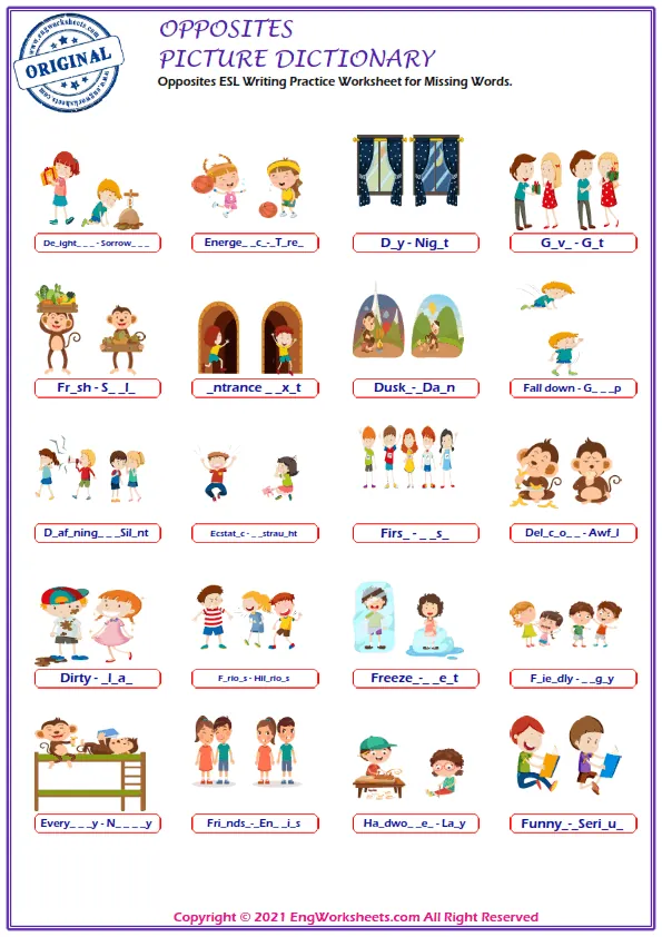 Opposites ESL Writing Practice Worksheet for Missing Words. Worksheet Preview