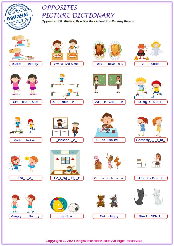 Opposites ESL Writing Practice Worksheet for Missing Words. Worksheet Preview