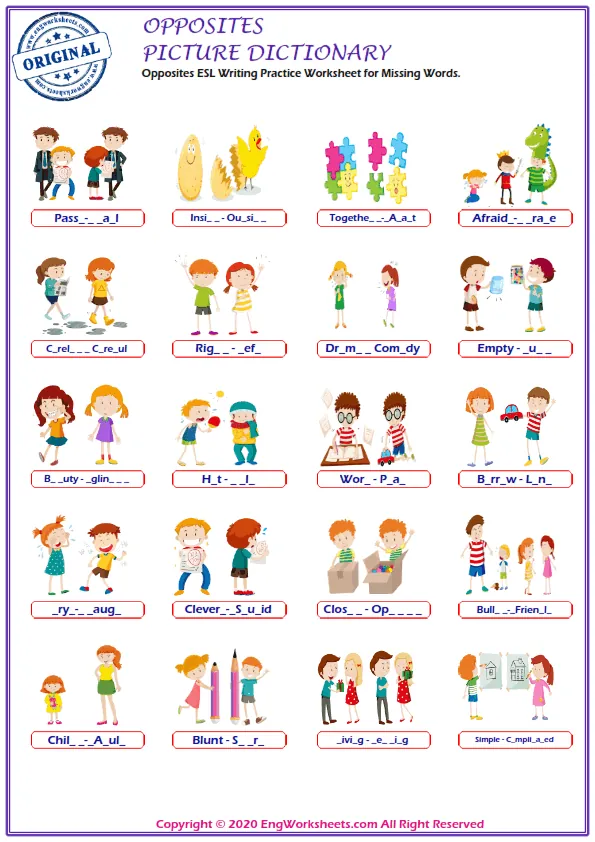 Opposites ESL Writing Practice Worksheet for Missing Words. Worksheet Preview