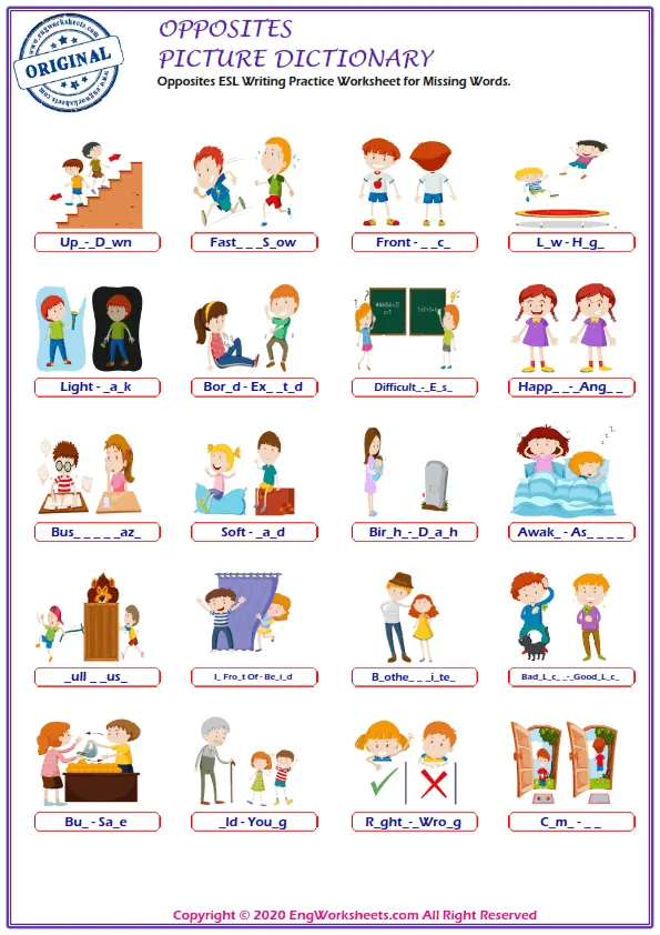 Opposites ESL Writing Practice Worksheet for Missing Words. Worksheet Preview