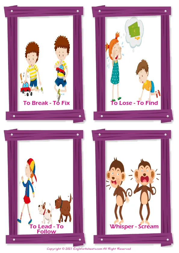 Opposites vocabulary worksheet with words, four images per page