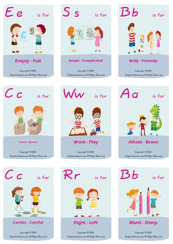 Opposites vocabulary worksheet with words, nine images per page Worksheet Preview