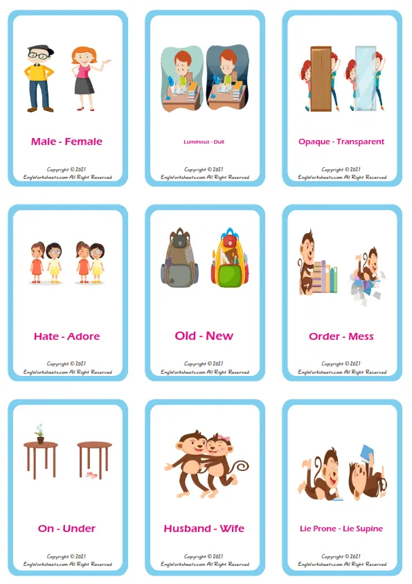 Opposites vocabulary worksheet with words, nine images per page