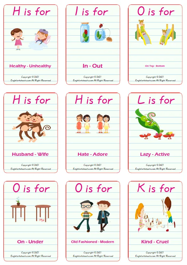 Opposites vocabulary worksheet with words, nine images per page