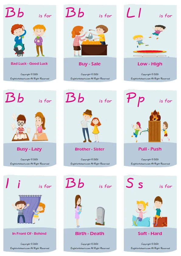 Opposites vocabulary worksheet with words, nine images per page