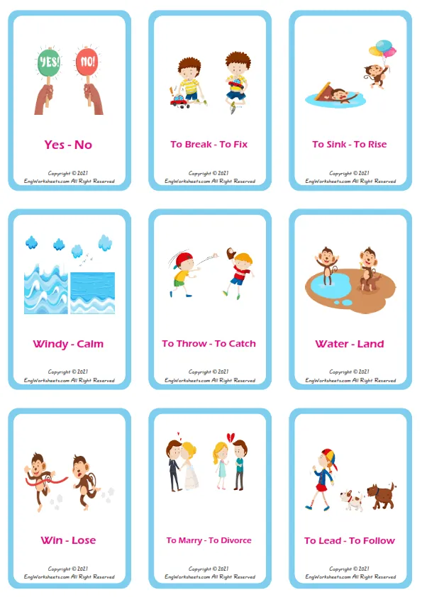 Opposites vocabulary worksheet with words, nine images per page