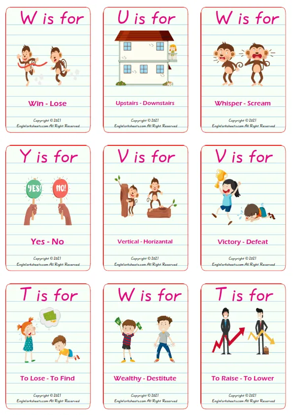 Opposites vocabulary worksheet with words, nine images per page