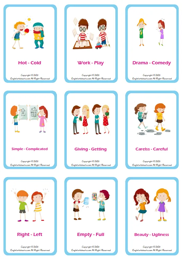 Opposites vocabulary worksheet with words, nine images per page Worksheet Preview