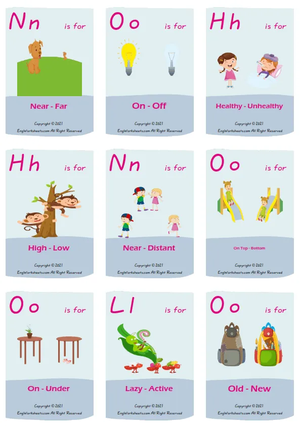 Opposites vocabulary worksheet with words, nine images per page