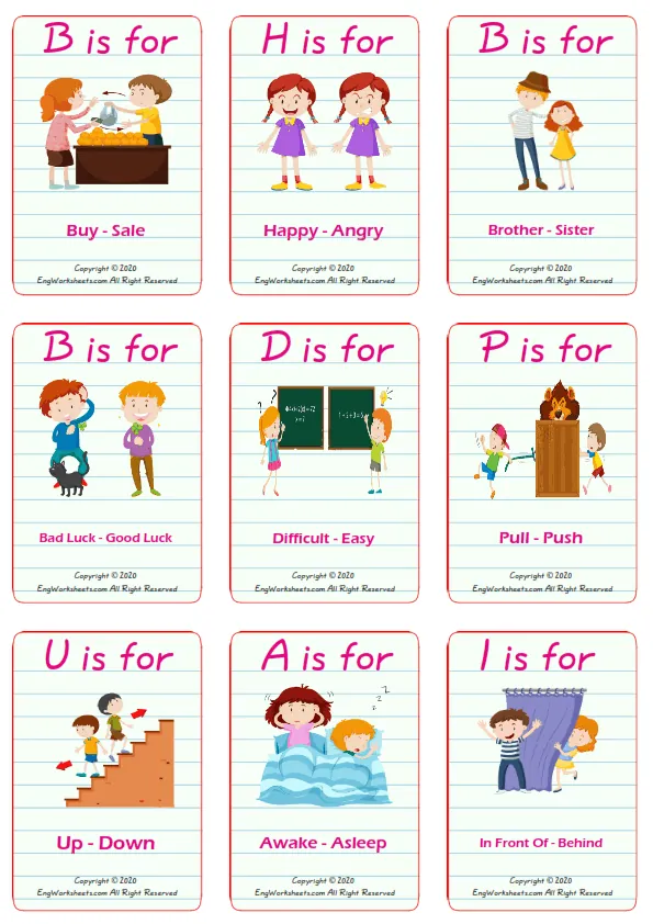 Opposites vocabulary worksheet with words, nine images per page