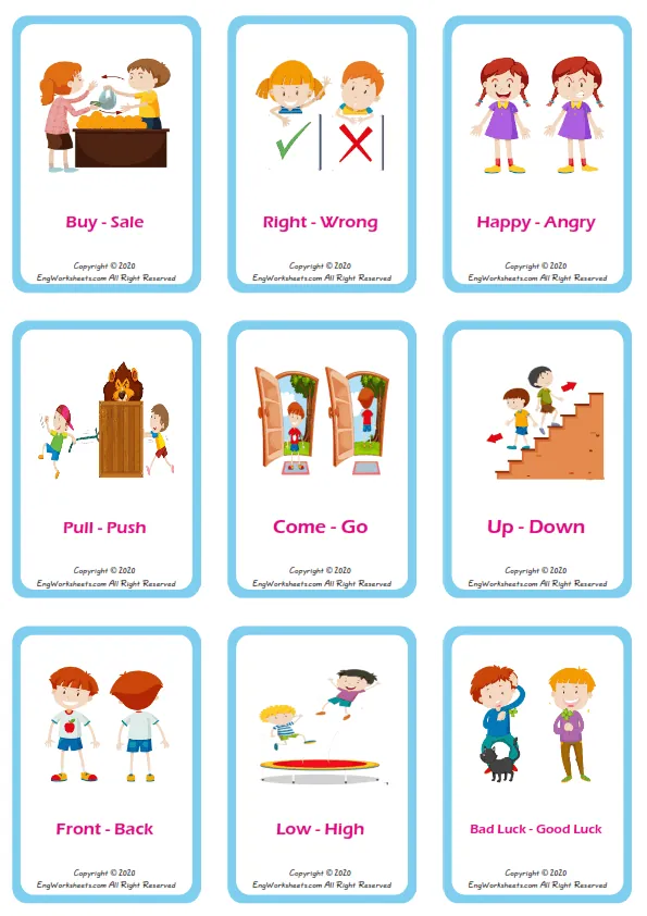 Opposites vocabulary worksheet with words, nine images per page