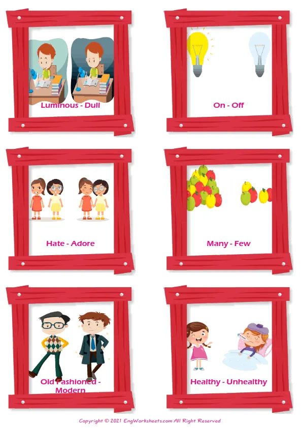 Opposites vocabulary worksheet with words, six images per page