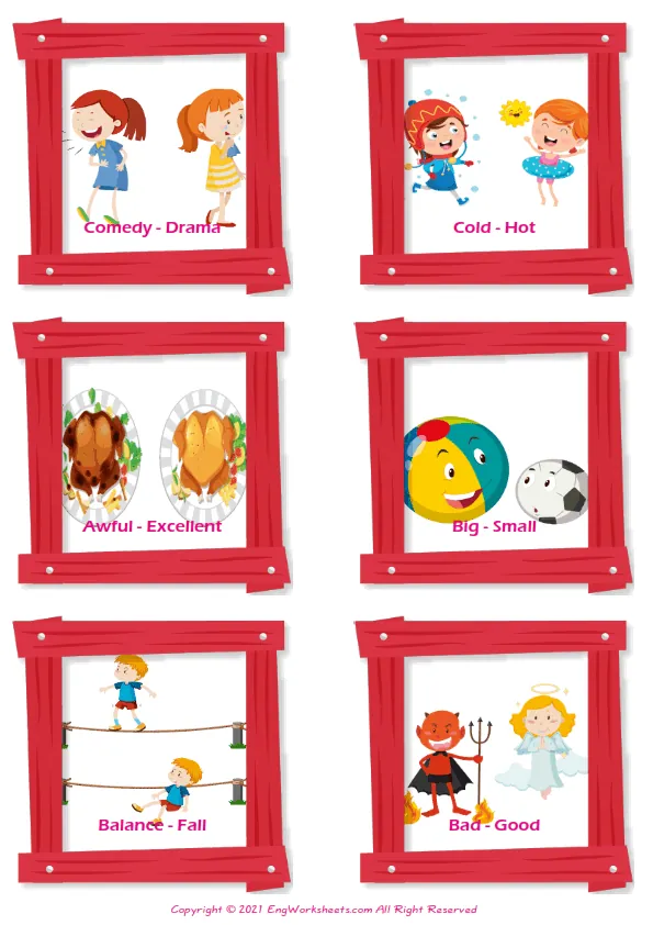 Opposites vocabulary worksheet with words, six images per page