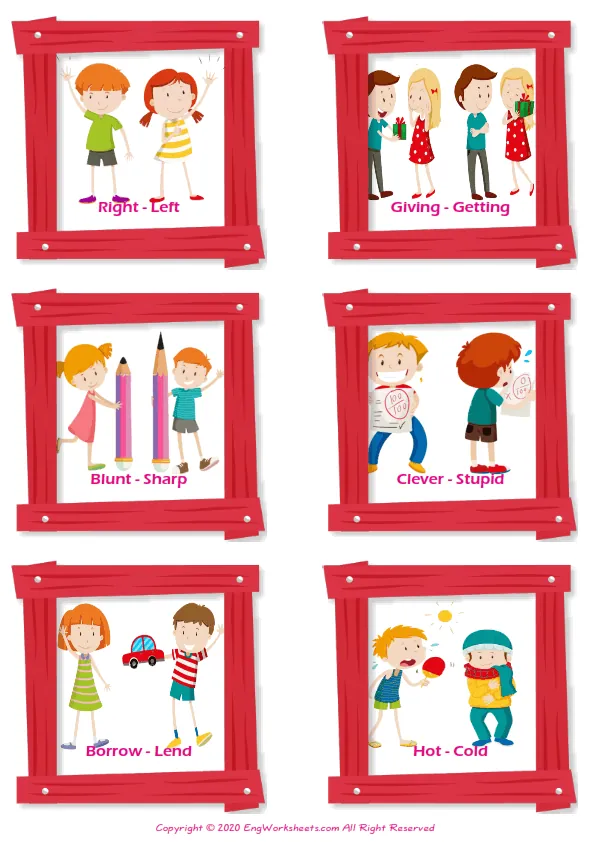 Opposites vocabulary worksheet with words, six images per page Worksheet Preview