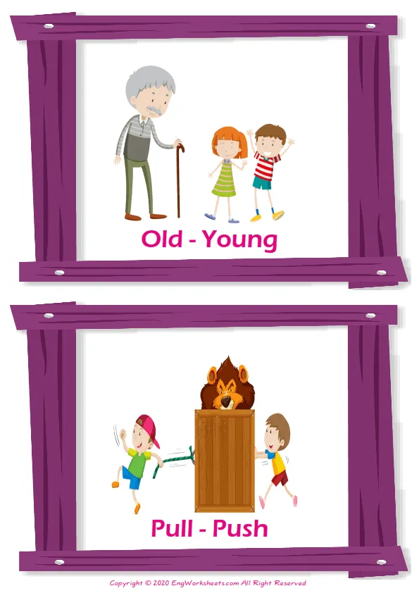 Opposites vocabulary worksheet with words, two images per page Worksheet Preview