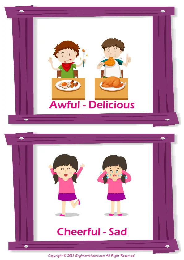 Opposites vocabulary worksheet with words, two images per page