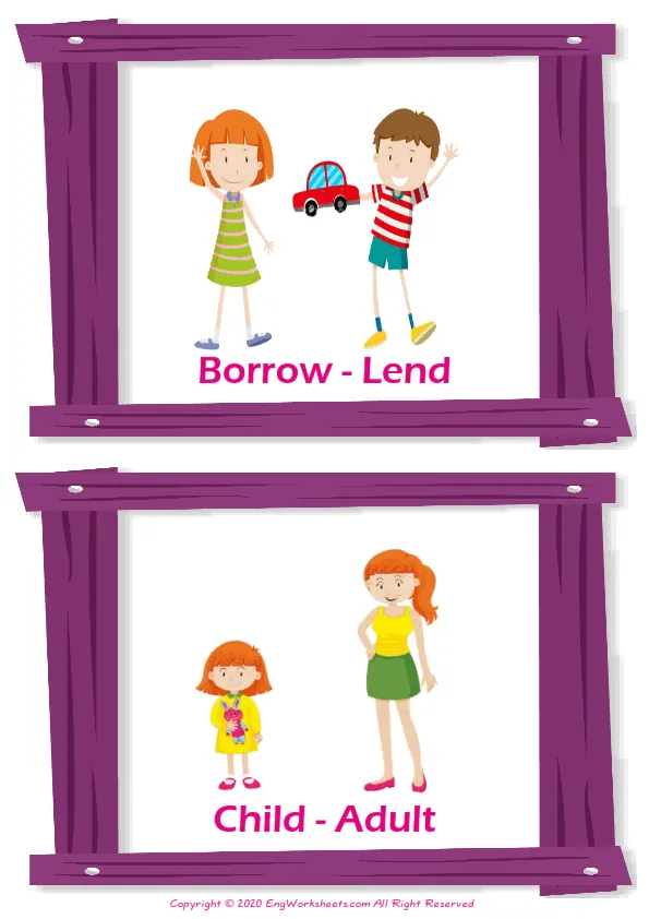 Opposites vocabulary worksheet with words, two images per page Worksheet Preview