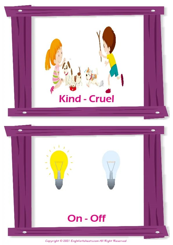 Opposites vocabulary worksheet with words, two images per page Worksheet Preview